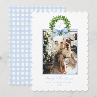 Tarjeta Festiva Gingham Azul Grandmillennial Costero del Sur