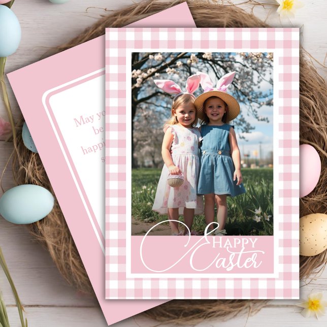 Tarjeta Festiva Gingham Feliz Personalizado De Pascua (Pink And White Gingham Happy Easter Custom Photo Holiday Card)