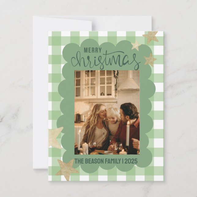 Tarjeta Festiva Gingham Scallop Green Photo Navidades (Anverso)