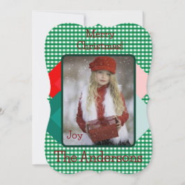 Tarjeta Festiva Gingham Verde y Triángulos Rojos Agregar Foto