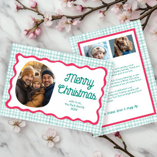 Tarjeta Festiva Gingham Wavy Navidades verdes rosados Personalizad
