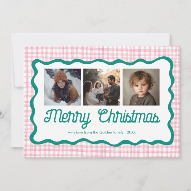 Tarjeta Festiva Gingham Wavy Navidades verdes rosados Personalizad (Anverso)