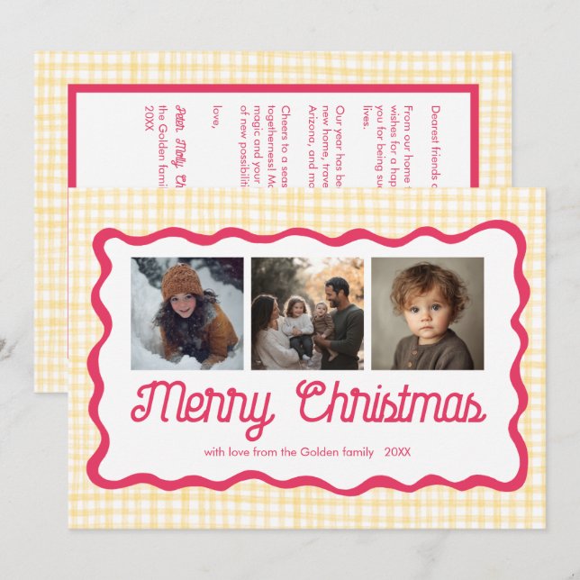 Tarjeta Festiva Gingham Wavy Personalizado de Navidades Amarillos  (Anverso / Reverso)