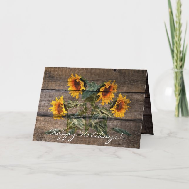 Tarjeta Festiva Girasol de madera de grano rústico (Anverso)