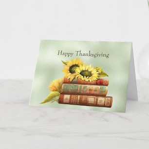 Tarjeta Festiva Girasoles Libros Amarillos Acuarela Día de Acción 