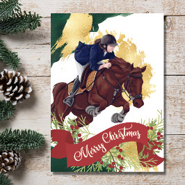 Tarjeta Festiva Girl and Horse Jumping Colorful Merry Christmas