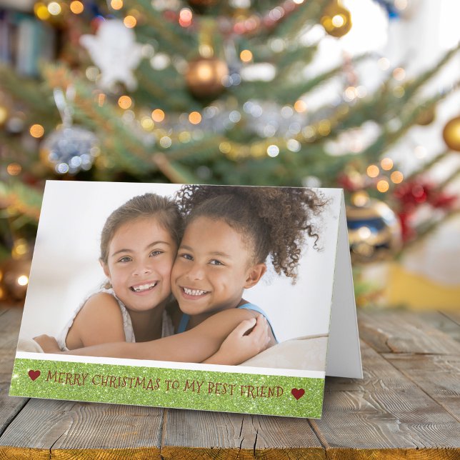 Tarjeta Festiva Girly Green Sparkle mejor foto de amigo (Girly Green Sparkle Best Friend Photo Holiday Card)