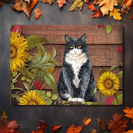 Tarjeta Festiva Give Thanks Cat and Sunflowers on Wood Autumn
