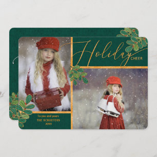Tarjeta Festiva Glad Tidings Green and Gold Holly 2 Photo