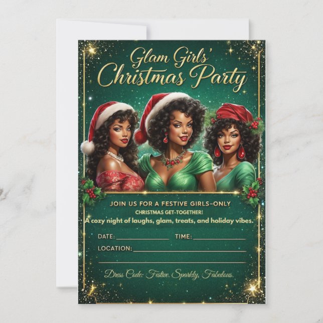 Tarjeta Festiva Glam Black Girl Christmas Party Invitation  (Anverso)
