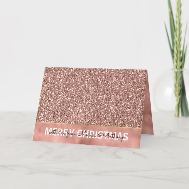 Tarjeta Festiva Glam Glitzy Purpurina Rosa Navidades de oro (Anverso)