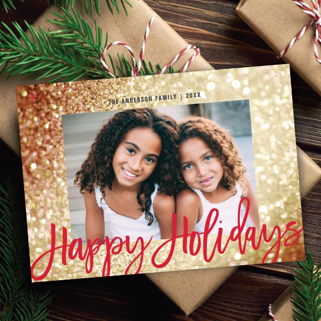 Tarjeta Festiva Glam Gold Purpurina Happy Holidays Script 1 Foto (Subido por el creador)