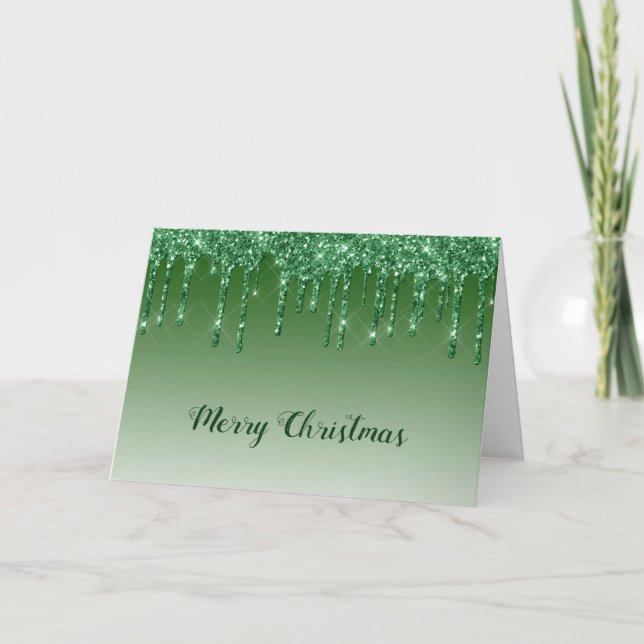 Tarjeta Festiva Glam Green Purpurinas Drips Navidades (Anverso)