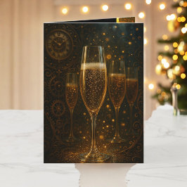 Tarjeta Festiva Glam Happy New Year Steampunk Champagne