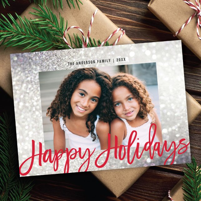 Tarjeta Festiva Glam Purpurina Silver Red Script Navidades Foto (Subido por el creador)