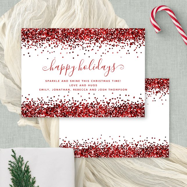 Tarjeta Festiva Glam Red Purpurina Felices Fiestas Navidades Blanc (Front and back view)
