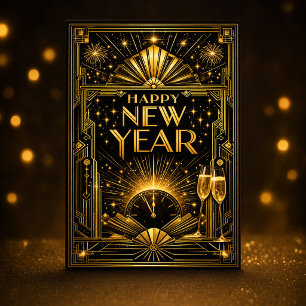Tarjeta Festiva Glamoroso Año Nuevo Art Déco en Oro y Negro