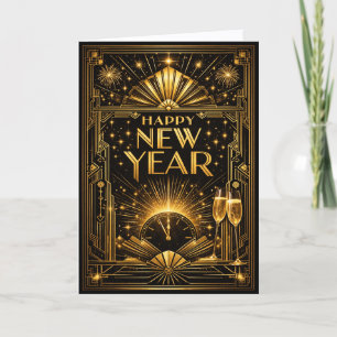 Tarjeta Festiva Glamoroso Año Nuevo Art Déco Negro Dorado