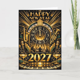 Tarjeta Festiva Glamorous Gold Art Deco New Year Jazz Celebration
