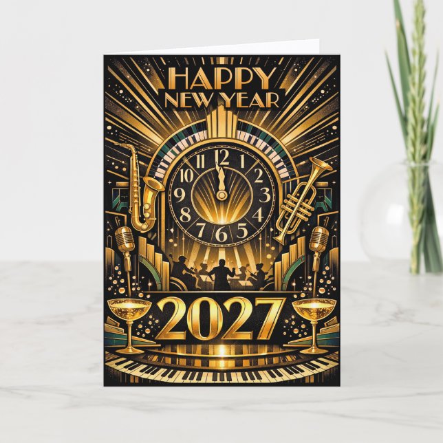 Tarjeta Festiva Glamorous Gold Art Deco New Year Jazz Celebration (Anverso)