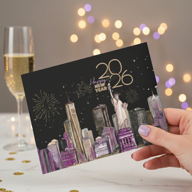 Tarjeta Festiva Glamorous NYC New Year Card 2026 | Black & Purple  (Glamorous NYC New Year Card 2026 | Black & Purple )