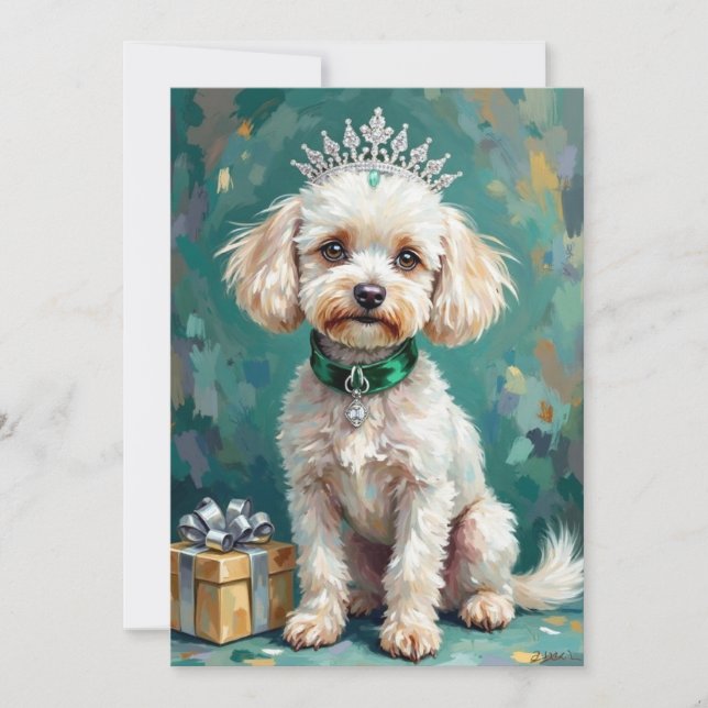 Tarjeta Festiva Glamorous White Poodle Princess Christmas Art (Anverso)