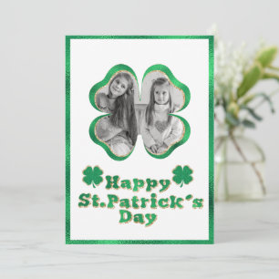 Tarjeta Festiva Glitter Verde y Dorado Trebol Foto St. Patrick