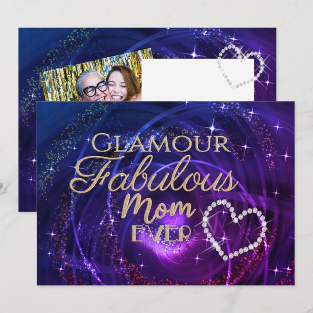 Tarjeta Festiva Glitttering Fabulous Mom Purple Blue (Anverso / Reverso)