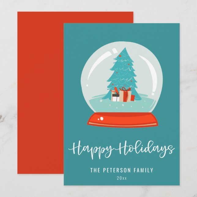 Tarjeta Festiva Globe de nieve moderna de mediados del siglo XX (Anverso / Reverso)