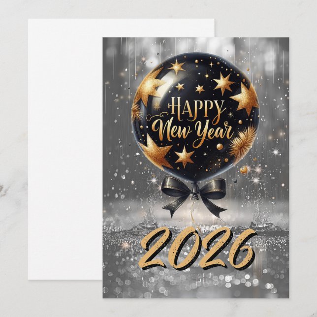 Tarjeta Festiva Globo de Año Nuevo Golden Sparkle con brillo 2026 (Anverso / Reverso)
