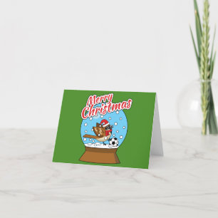 Tarjeta Festiva Globo de Nieve con Gorrión Adorable Jugando Fútbol