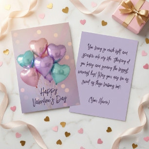 Tarjeta Festiva Globos de Corazón Rosa Pastel Morado Día de San Va