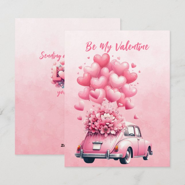 Tarjeta Festiva Globos de Corazones Rosados Coche en Rosa (Anverso / Reverso)