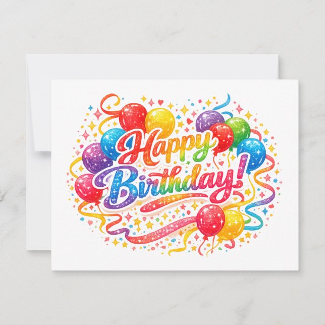 Tarjeta Festiva Globos de Cumpleaños con Confeti de Arcoíris  (Anverso)