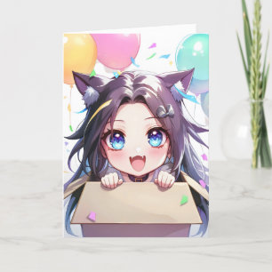 Tarjeta Festiva Globos divertidos de Chica de Anime Cat