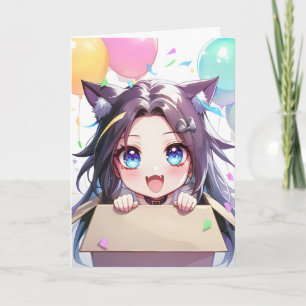 Tarjeta Festiva Globos divertidos de chica gato de anime