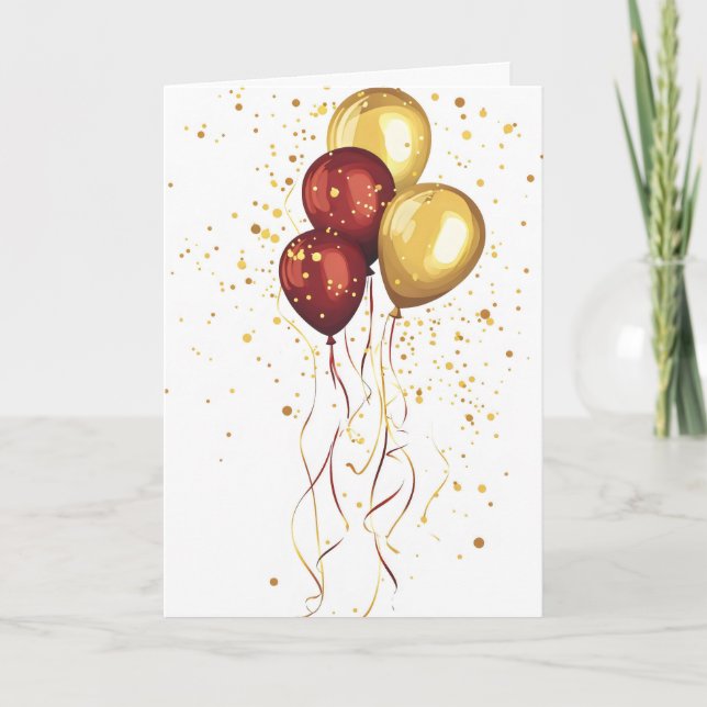Tarjeta Festiva Globos rojos dorados elegantes (Anverso)