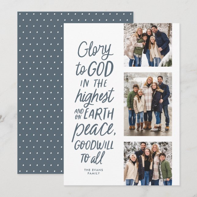 Tarjeta Festiva Gloria a Dios azul tres foto Navidades religiosos (Anverso / Reverso)