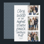 Tarjeta Festiva Gloria a Dios azul tres foto Navidades religiosos<br><div class="desc">¡Gloria a Dios en lo más alto! Esta tarjeta de Navidades religiosos incluye tres fotos junto con el versículo de la Biblia de Luke 2:14 en un estilo escrito a mano. Esta tarjeta de tres Navidades cristianos fotográficos es perfecta para enviar saludos festivos significativos. El tipo de la parte delantera...</div>