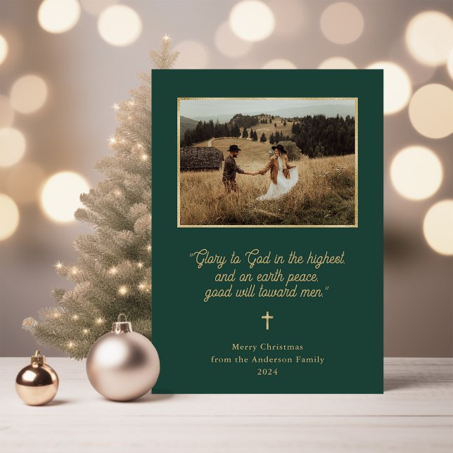 Tarjeta Festiva Gloria a Dios | Faux Gold y Photo Green Navidades (Subido por el creador)