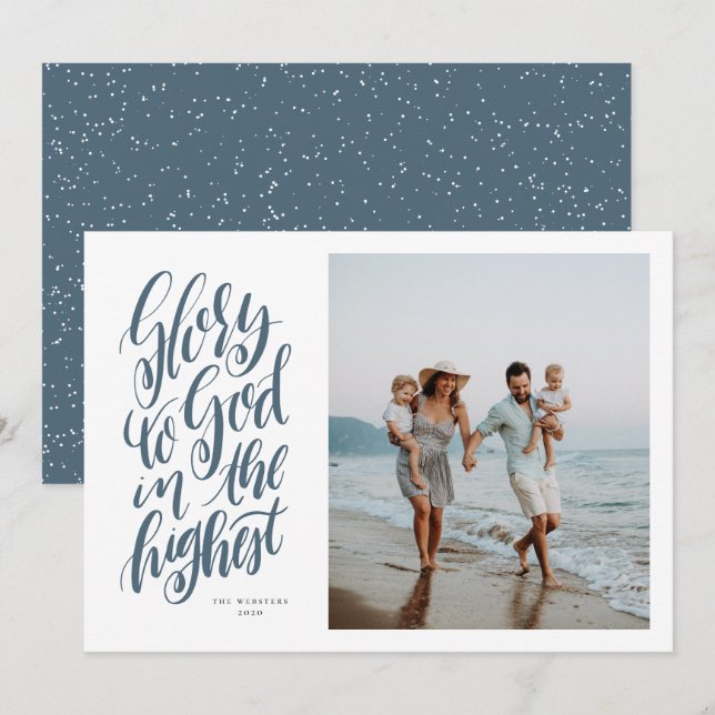 Tarjeta Festiva Gloria a Dios foto de Navidades religiosos azules (Anverso / Reverso)
