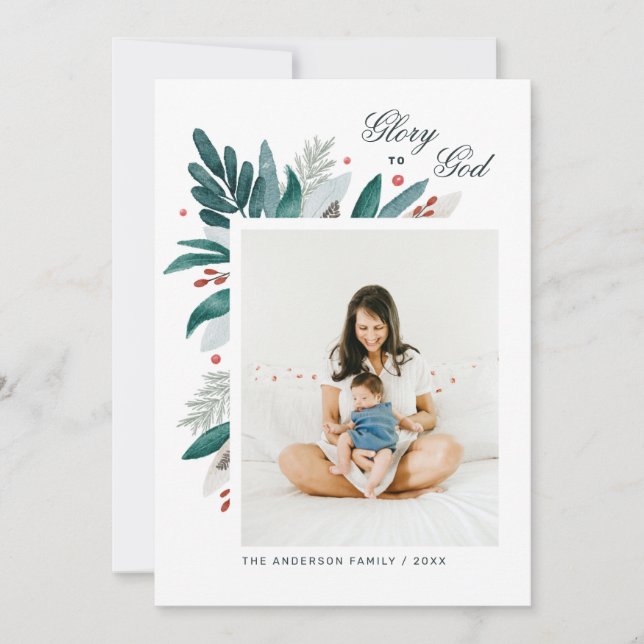 Tarjeta Festiva Gloria a Dios. Navidades florales botánicos (Anverso)