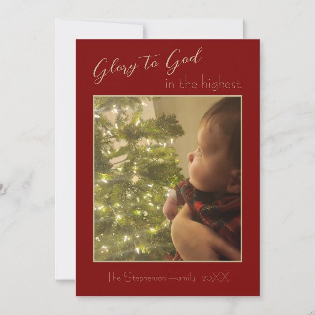 Tarjeta Festiva Gloria a Dios Red Burgundy Gold One Photo Navidade (Anverso)