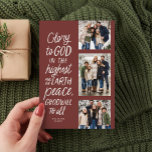 Tarjeta Festiva Gloria a Dios tres Navidades de foto religiosa<br><div class="desc">¡Gloria a Dios en lo más alto! Esta tarjeta de Navidades religiosos incluye tres fotos junto con el versículo de la Biblia de Luke 2:14 en un estilo escrito a mano. Esta tarjeta de tres Navidades cristianos fotográficos es perfecta para enviar saludos festivos significativos. El tipo de la parte delantera...</div>