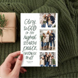 Tarjeta Festiva Gloria a Dios tres Navidades de foto religiosa ver<br><div class="desc">¡Gloria a Dios en lo más alto! Esta tarjeta de Navidades religiosos incluye tres fotos junto con el versículo de la Biblia de Luke 2:14 en un estilo escrito a mano. Esta tarjeta de tres Navidades cristianos fotográficos es perfecta para enviar saludos festivos significativos. El tipo de la parte delantera...</div>