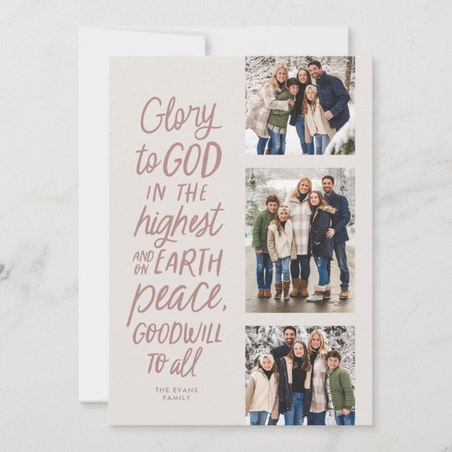 Tarjeta Festiva Gloria a Dios tres Navidades religiosos rosados (Anverso)