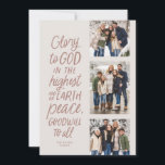 Tarjeta Festiva Gloria a Dios tres Navidades religiosos rosados<br><div class="desc">¡Gloria a Dios en lo más alto! Esta tarjeta de Navidades religiosos incluye tres fotos junto con el versículo de la Biblia de Luke 2:14 en un estilo escrito a mano. Esta tarjeta de tres Navidades cristianos fotográficos es perfecta para enviar saludos festivos significativos. El tipo que aparece en la...</div>