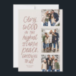 Tarjeta Festiva Gloria a Dios tres Navidades religiosos rosados<br><div class="desc">¡Gloria a Dios en lo más alto! Esta tarjeta de Navidades religiosos incluye tres fotos junto con el versículo de la Biblia de Luke 2:14 en un estilo escrito a mano. Esta tarjeta de tres Navidades cristianos fotográficos es perfecta para enviar saludos festivos significativos. El tipo que aparece en la...</div>