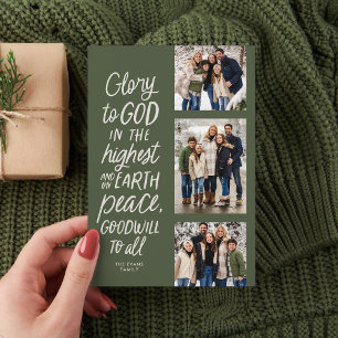 Tarjeta Festiva Gloria a Dios verde tres Navidades de foto religio
