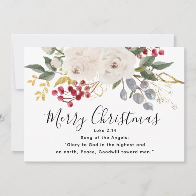 Tarjeta Festiva Gloria a la Biblia Dios versus Navidades florales (Anverso)